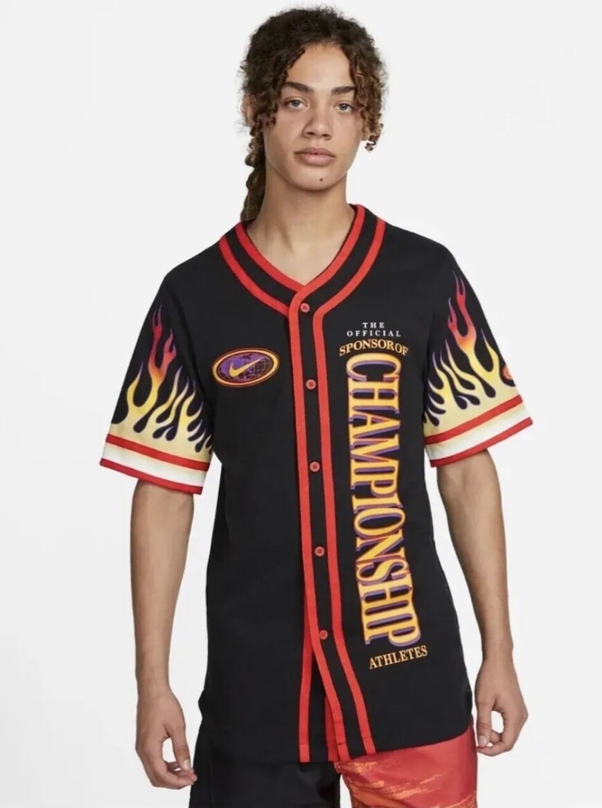 Nike Americana Top Flames Button Shirt Black Orange MSRP $85 DV9642-010 Size M gallery