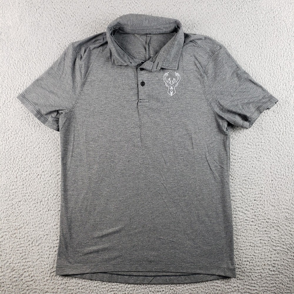Lululemon Polo Shirt Mens M Gray Milwaukee Bucks Basketball NBA Athleisure Gym