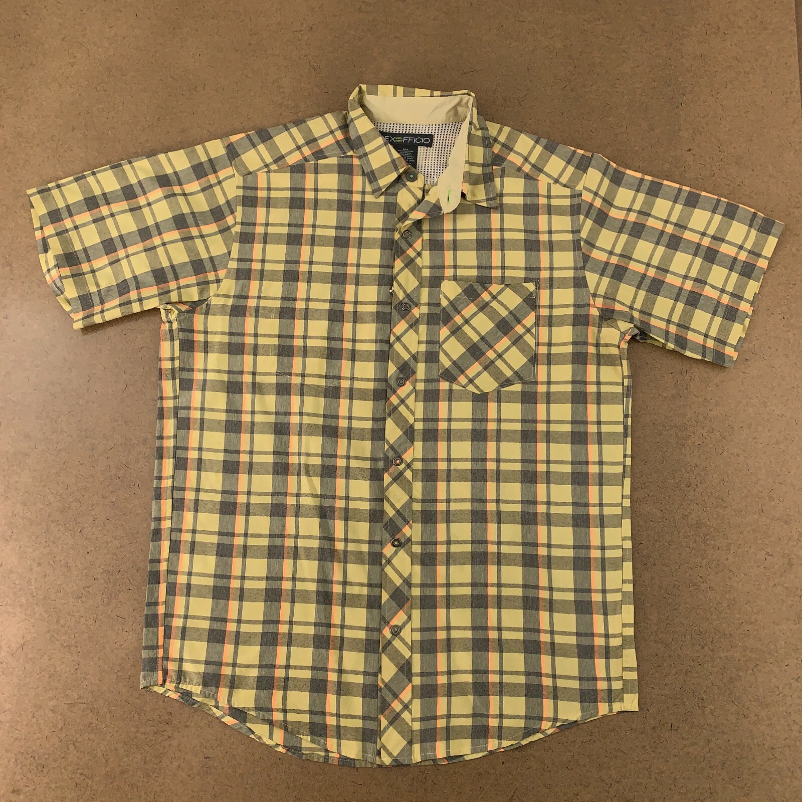 ExOfficio Men's Size Large Yellow Gray Plaid Short Sleeve Snap Front Shirt gallery