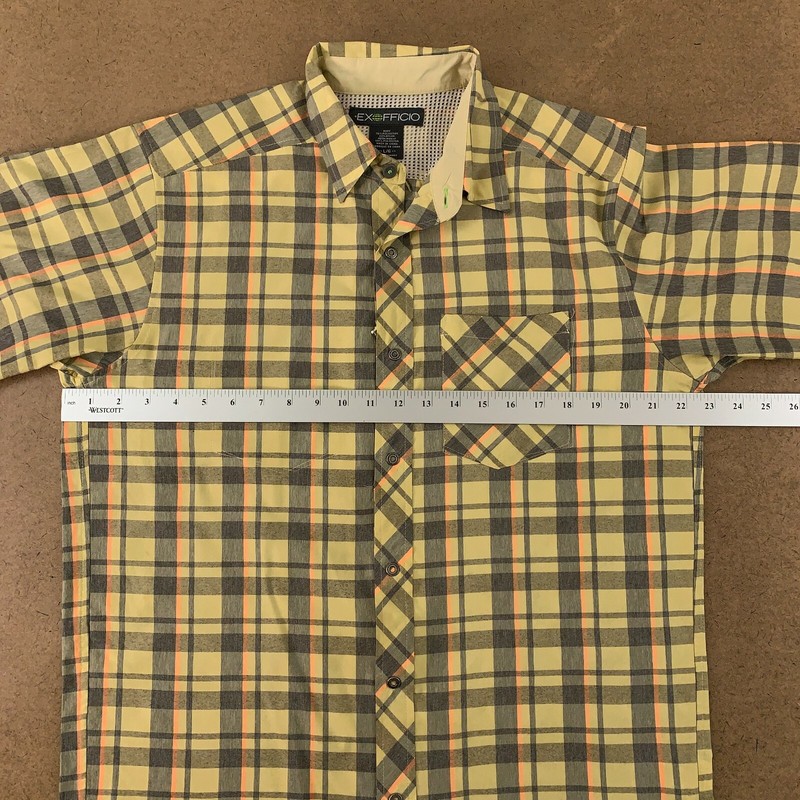 ExOfficio Men's Size Large Yellow Gray Plaid Short Sleeve Snap Front Shirt gallery
