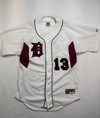 Nike Baseball Jersey Mens Large White Button Front 13 D Logo Mesh Raglan