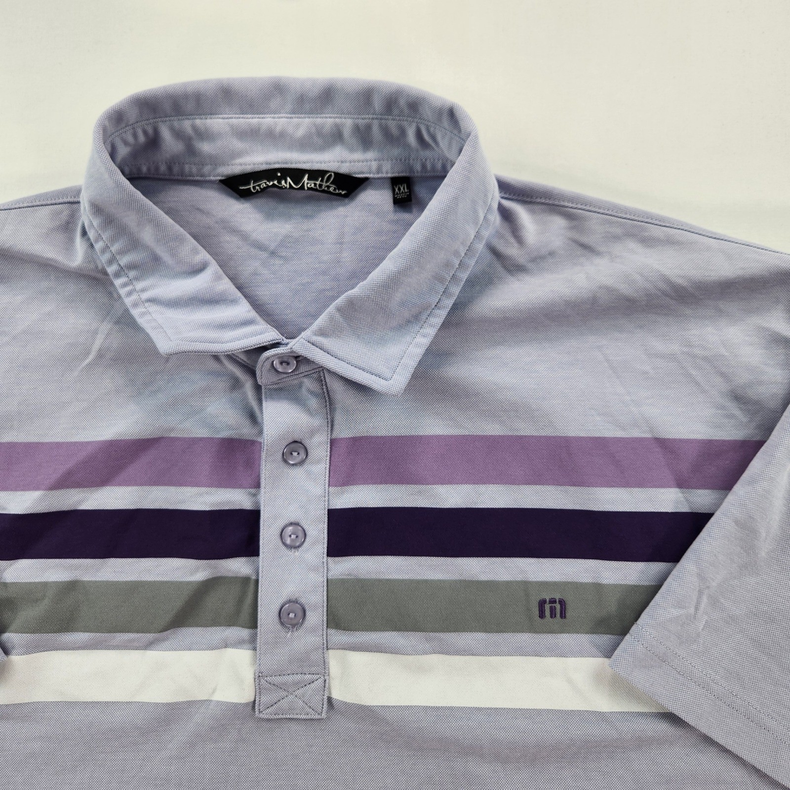 TravisMathew XXL Pique Polo Shirt Lavender Chest Stripe Golf Performance gallery