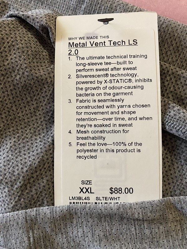 Lululemon Men Size XXL Metal Vent Tech LS 2.0 Gray Long Sleeve LM3BL4S SLTE/WHT gallery