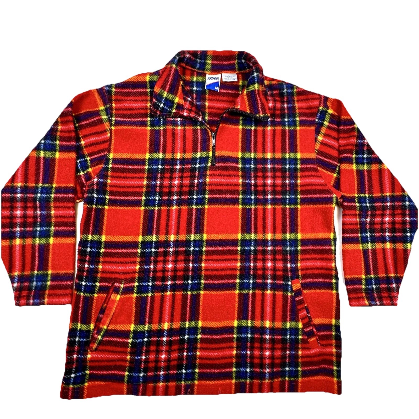 Bike Pullover Mens Medium Red Plaid Fleece Long Sleeve 1/4 Zip Pockets Casual gallery
