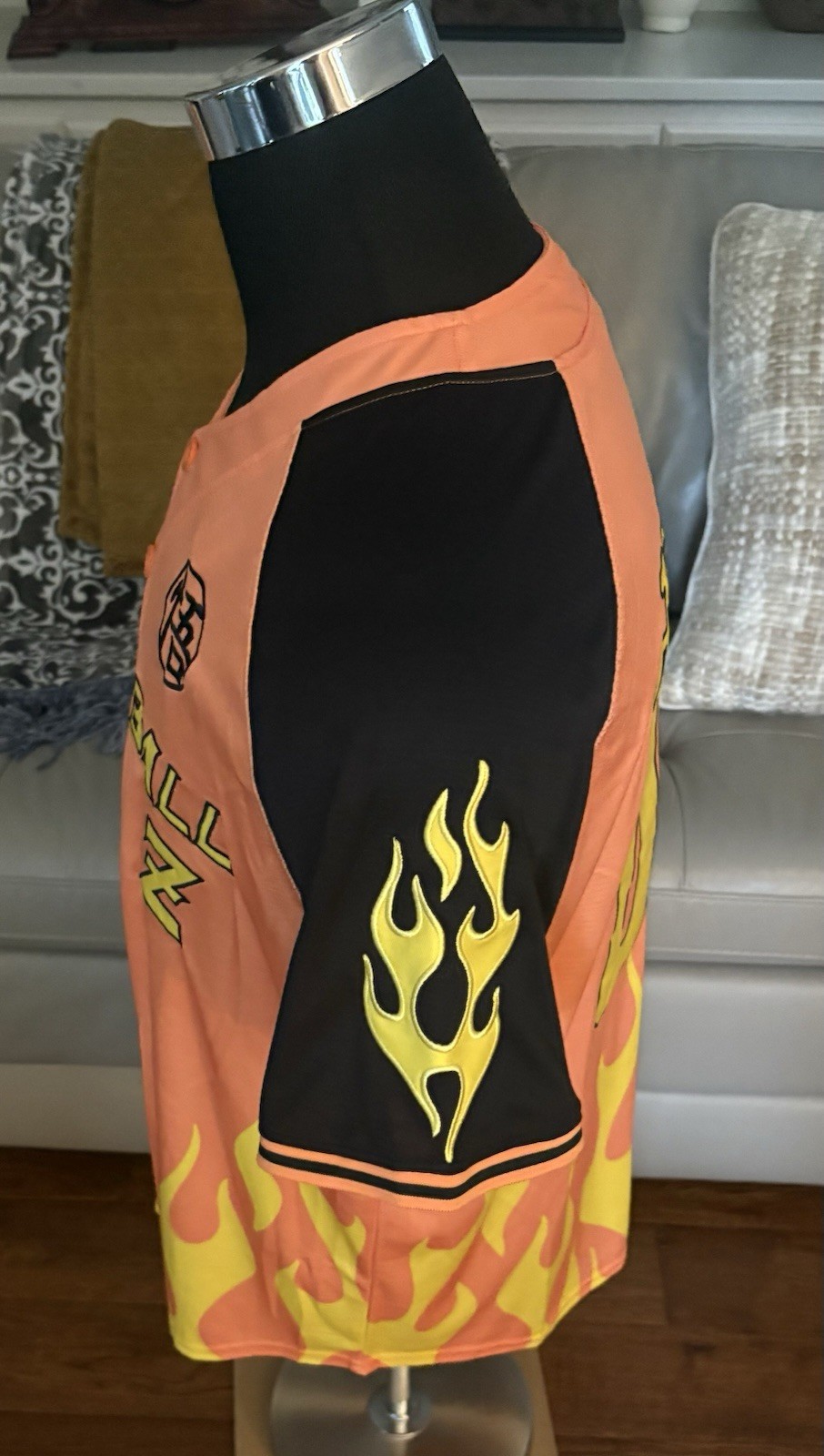 BoxLunch exclusive Dragon Ball Z flame baseball jersey with Goku's kanji symbol. gallery