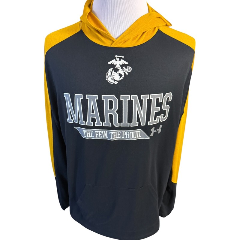 Under Armour USMC Marine Corps Hoodie T-Shirt Mens XL Black Yellow Military gallery