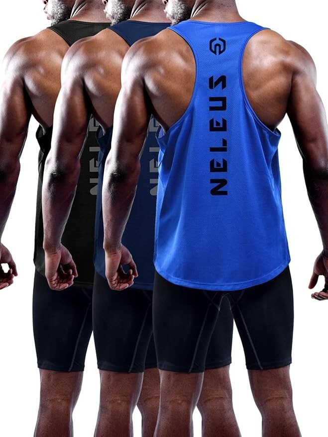 NELEUS Men's 3 Pack Dry Fit Y-Back Muscle Tank Top (Black, Blue, Navy) XS gallery