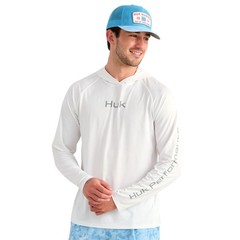 Huk Airweight Long Sleeve Hoodie Men’s Tech Shirt, White, Medium