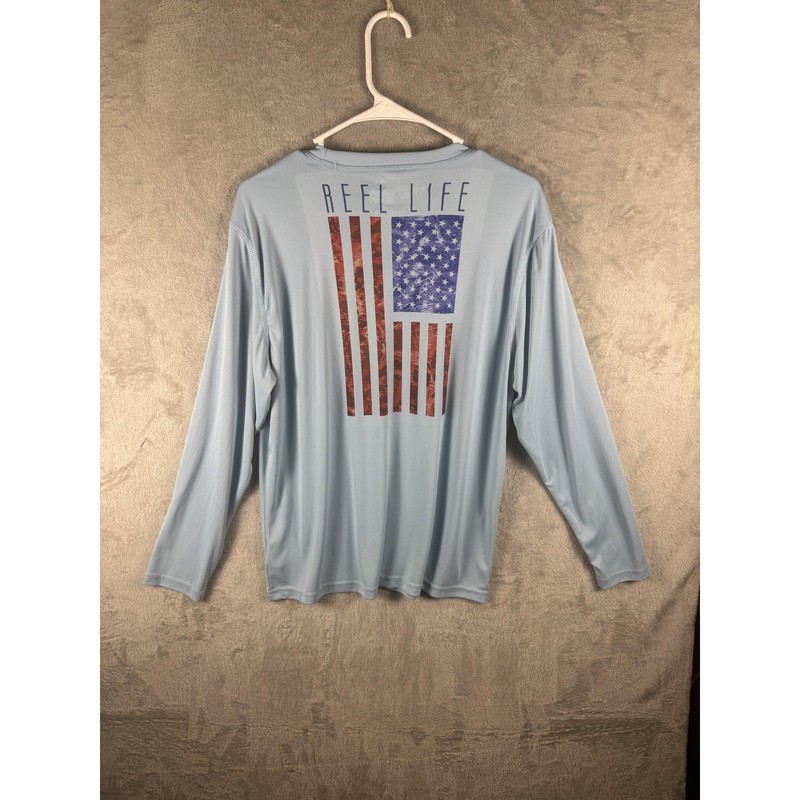 Reel Life Shirt Mens Medium Blue Long Sleeve American Flag Performance Fishing gallery