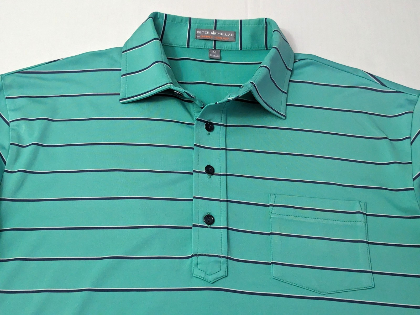 Peter Millar Summer Comfort Green and Navi Stripped Men's Polo Shirt Size M NWOT gallery