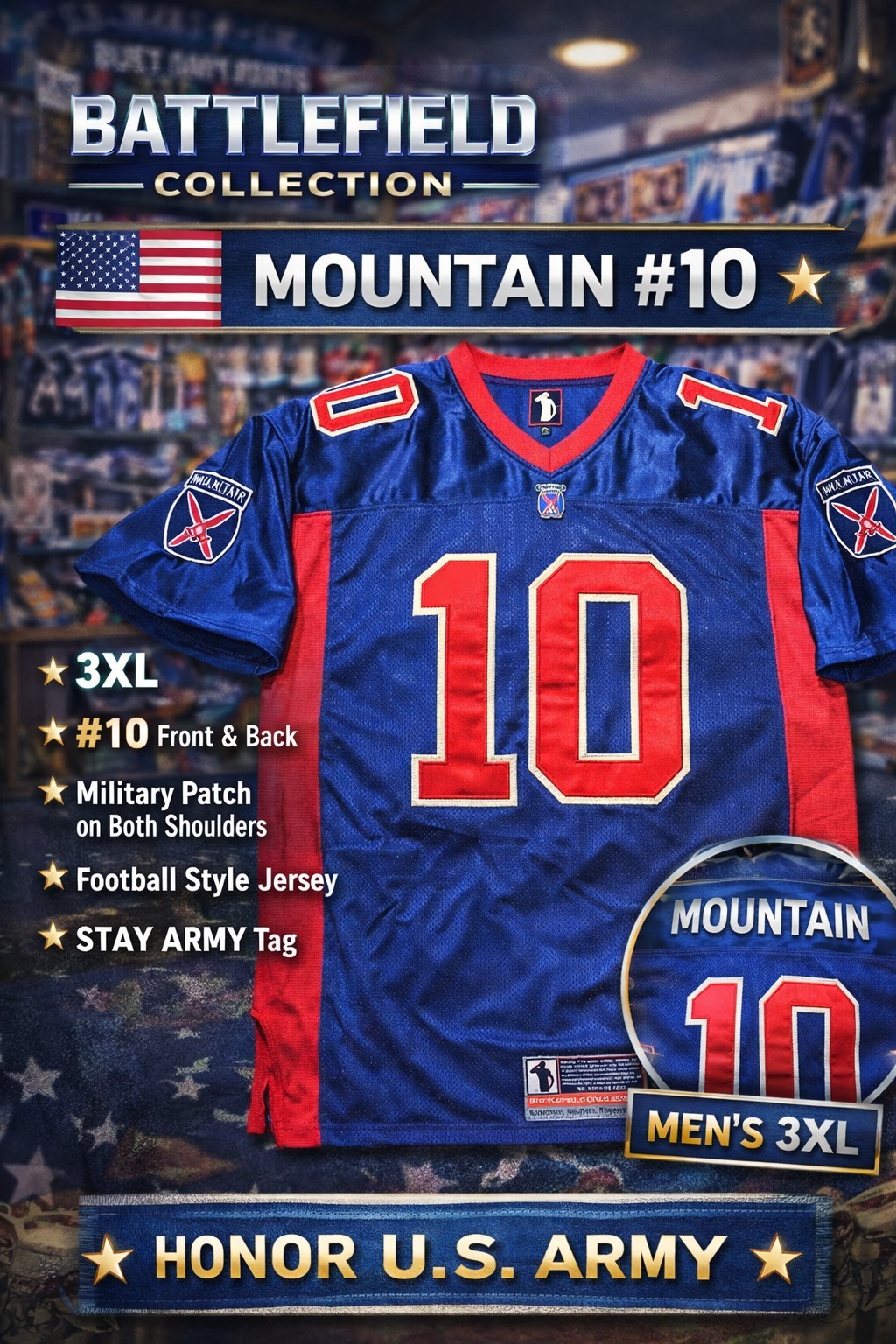 Battlefield Collection Mountain #10 Football Jersey Men’s 3XL Blue Military USA gallery