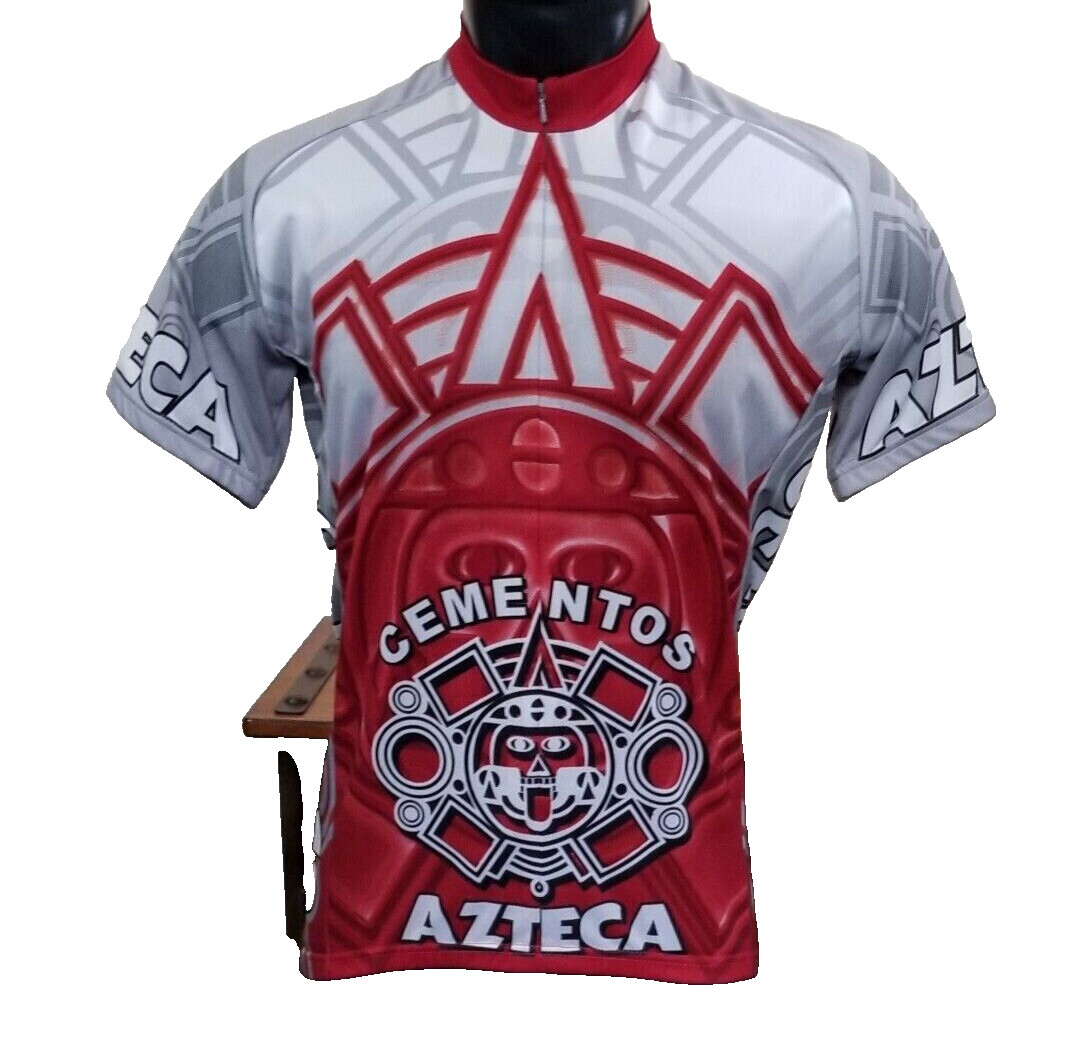 World Jerseys Cementos Azteca Cycling S/S Jersey Red White 3/4 Zip Sz L *Note gallery