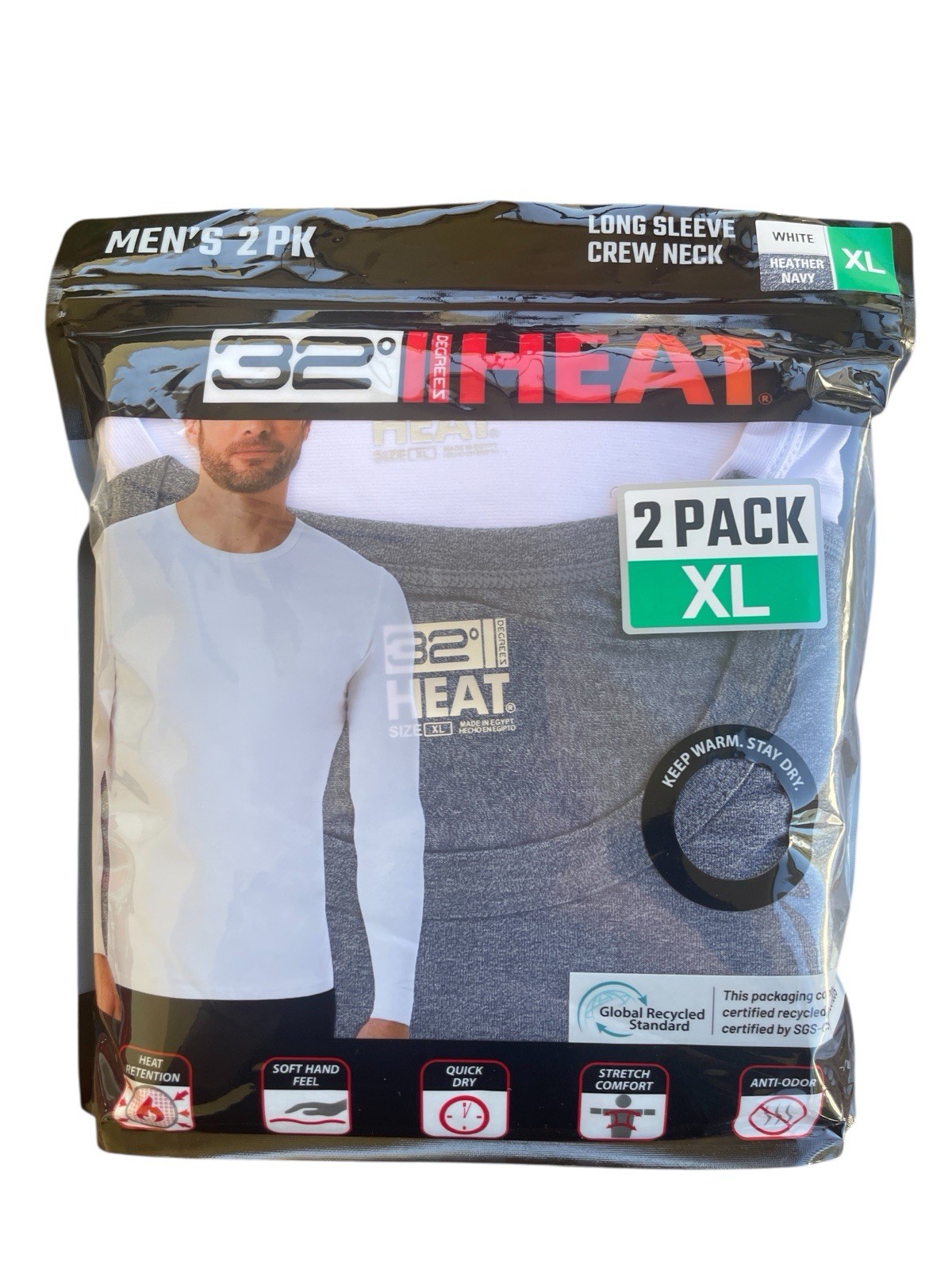 32 Degrees Men’s Heat Long Sleeve Tee, White/Heather Navy, 2-pack, XL gallery