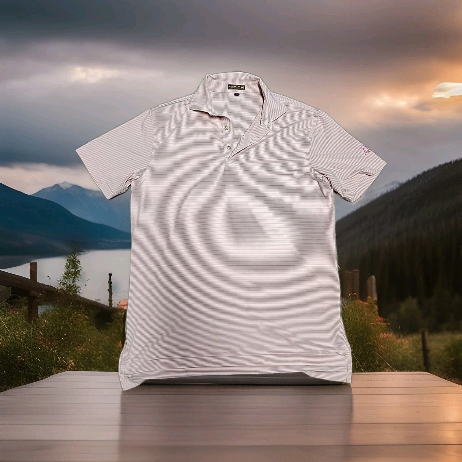 Peter Millar Colonial Logo Pink Striped Golf Lightweight Polo Shirt Mens Medium gallery
