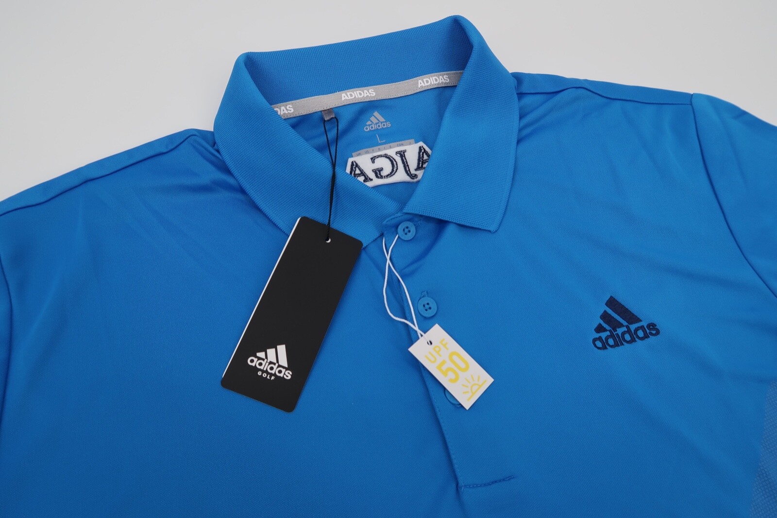 Adidas Golf Mens Large Blue Bold 3 Stripe UPF 50 Performance Polo Shirt New gallery