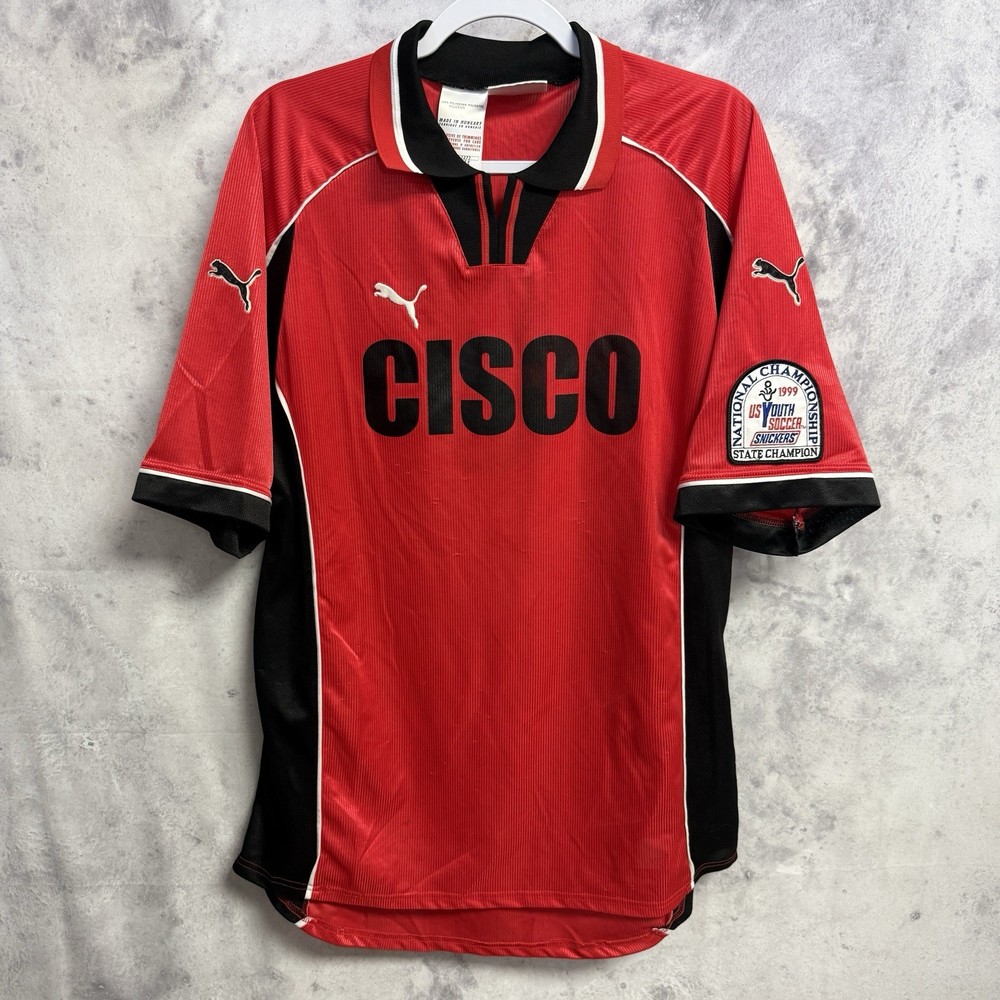 Vintage 90s PUMA Soccer Jersey Mens XL Red Collared Youth Championship Patch