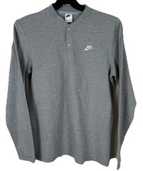 Nike Club Long Sleeve Henley Shirt Mens Small Gray Snap Swoosh Sweatshirt NWT