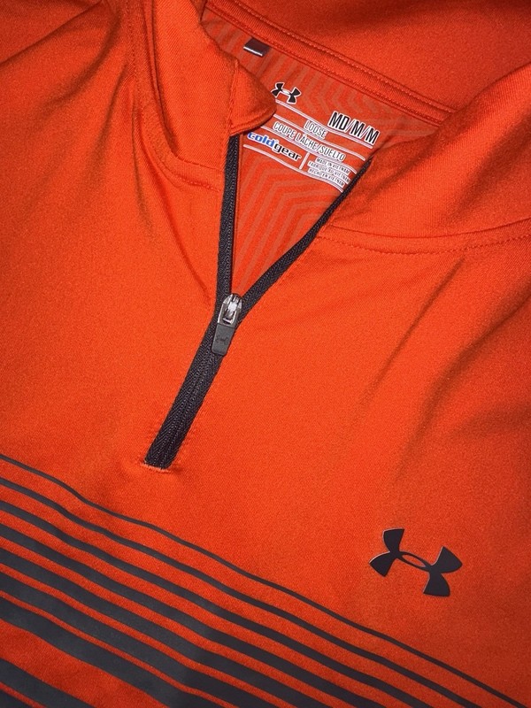 Under Armour ColdGear 1/4 Zip Pullover Mens Medium Orange Striped Loose Fit gallery