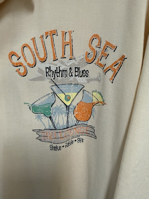 VTG South Sea Rhythm Blues Beach Button Shirt XL Cocktails Aloha Tiki gallery
