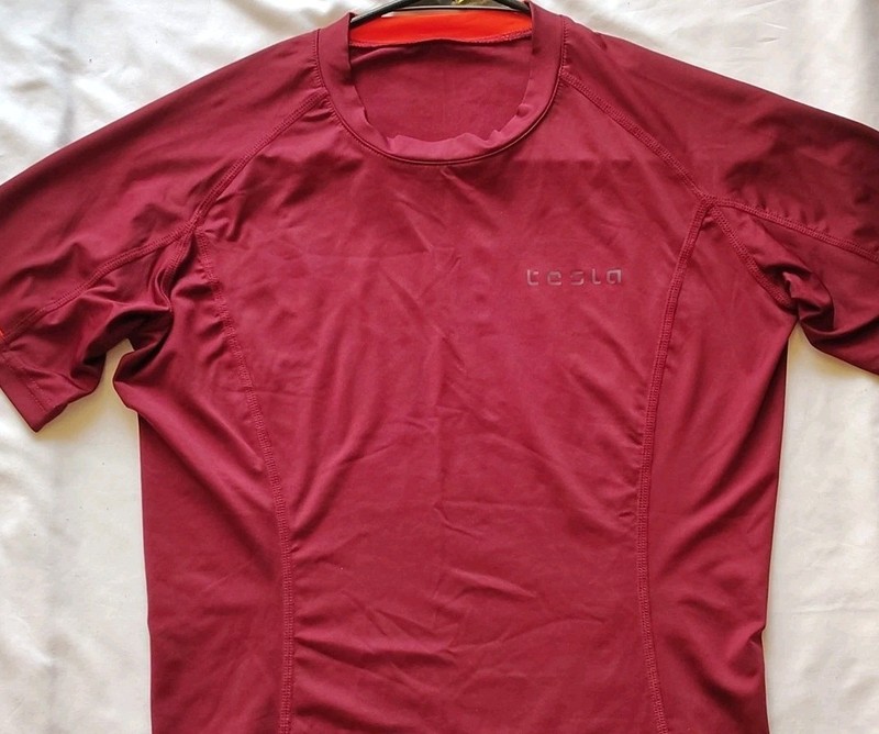 TESLA Compression Shirt Men's Medium Maroon Short Sleeve Performance Active gallery