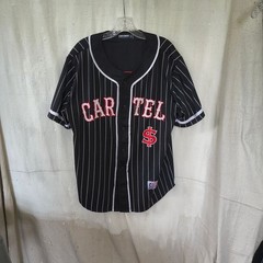 Men’s XL Black and White Striped Baseball Jersey W/ Cartel Logo