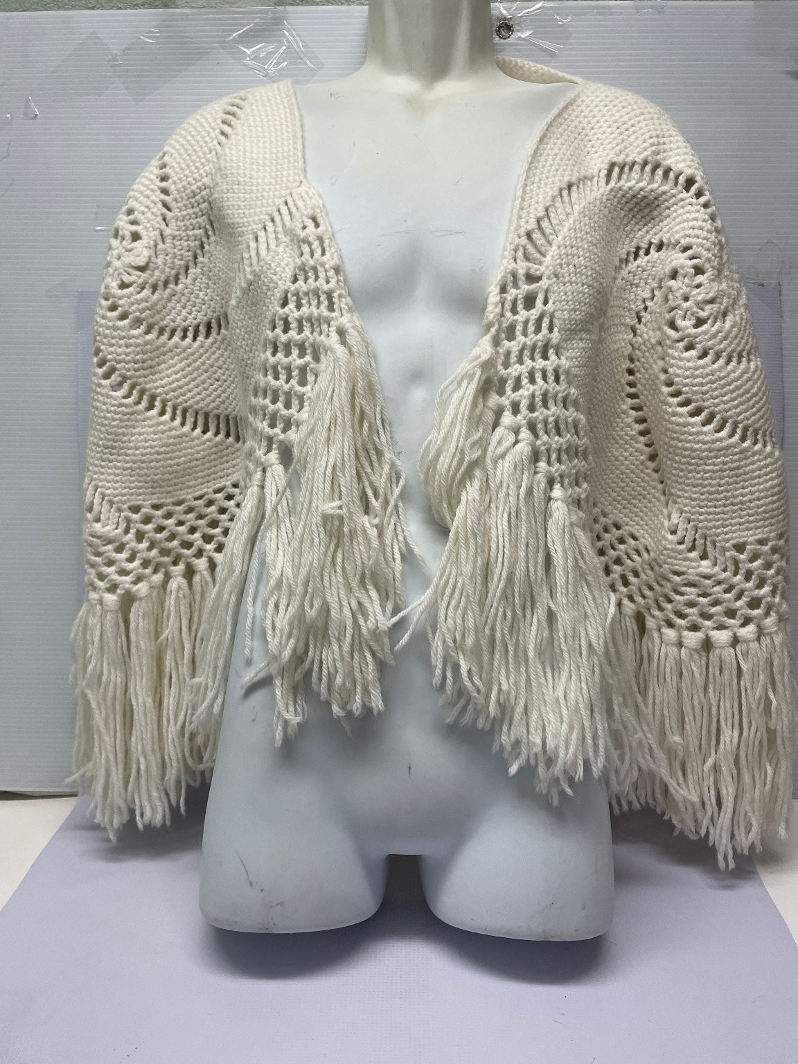 Handmade Crocheted Shawl Poncho Cream Spiral Fringe Knit Boho Warm gallery