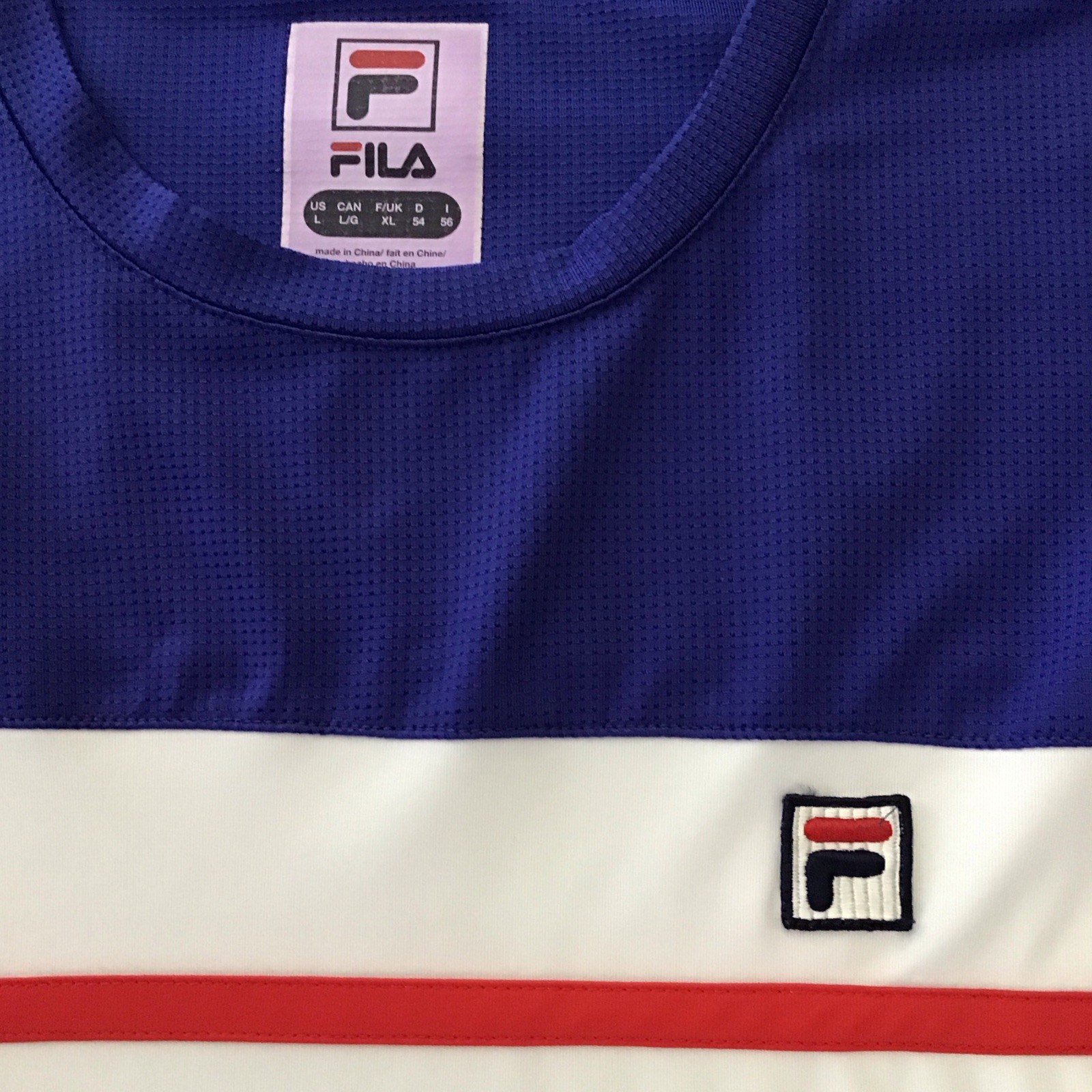 FILA Men's L Blue White Red Colorblock Mesh Breathable Logo Crew Neck T-Shirt gallery