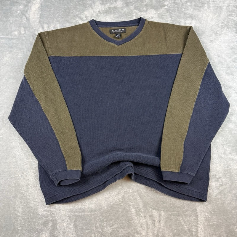 Vintage 90s Structure Colorblock Thermal Knit Sweater Blue Grunge Skater Large gallery