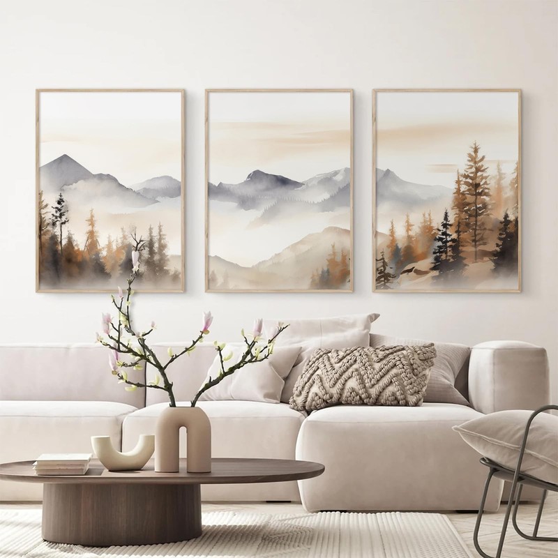 Neutral Mountain Forest Landscape Canvas Wall Art Set of 3 Decor Poster gallery