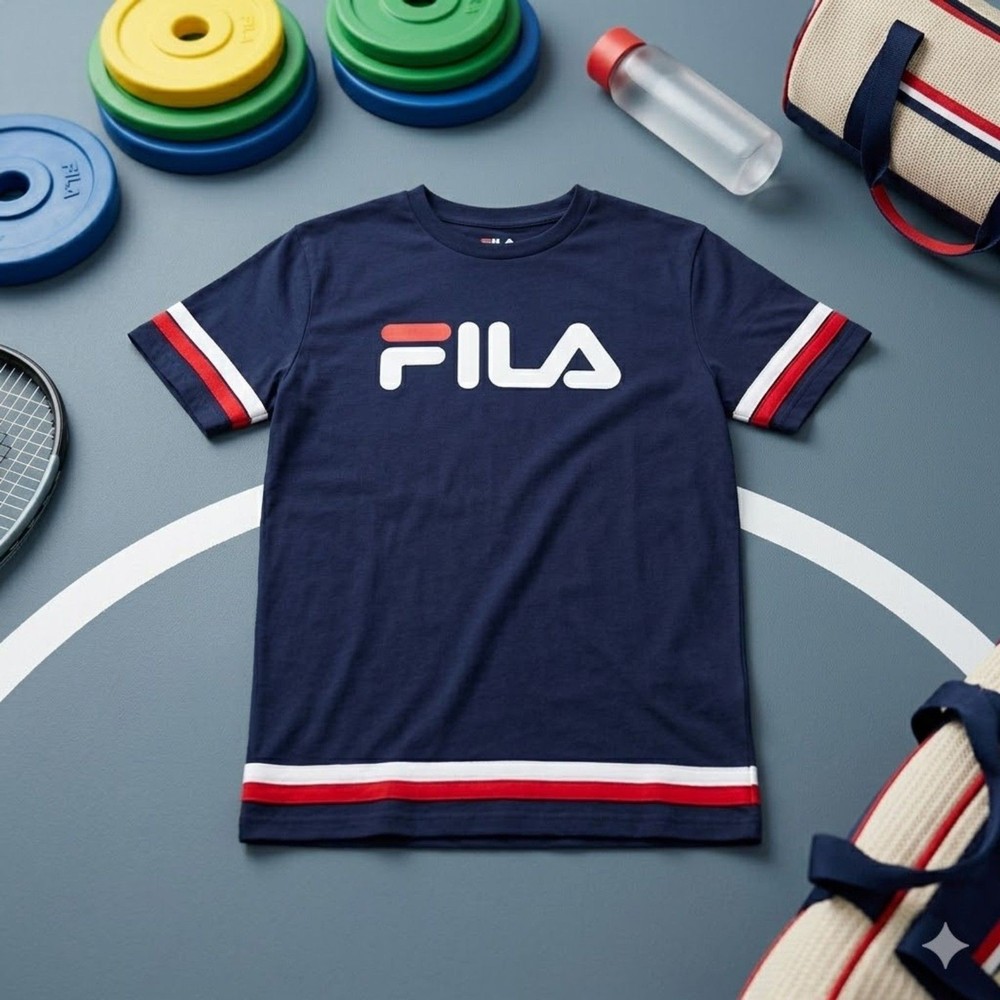 Fila Logo T-Shirt Men's Small Navy Blue Red White Striped Athletic Tee Cotton