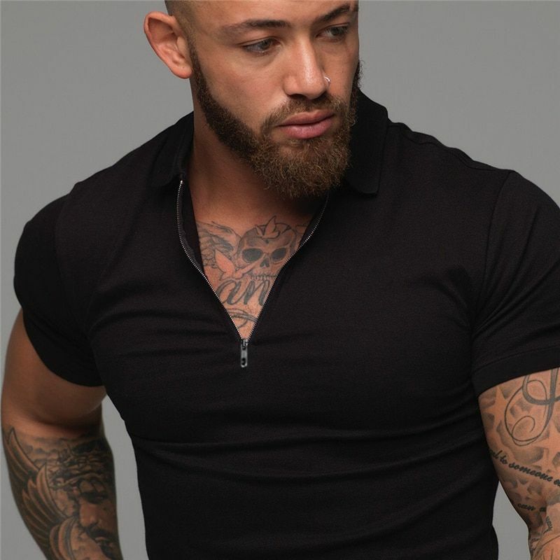 Mens T Shirts Casual Fashion Gym Fitness Short Sleeve Zip Muscle Guy Polo Shirt gallery