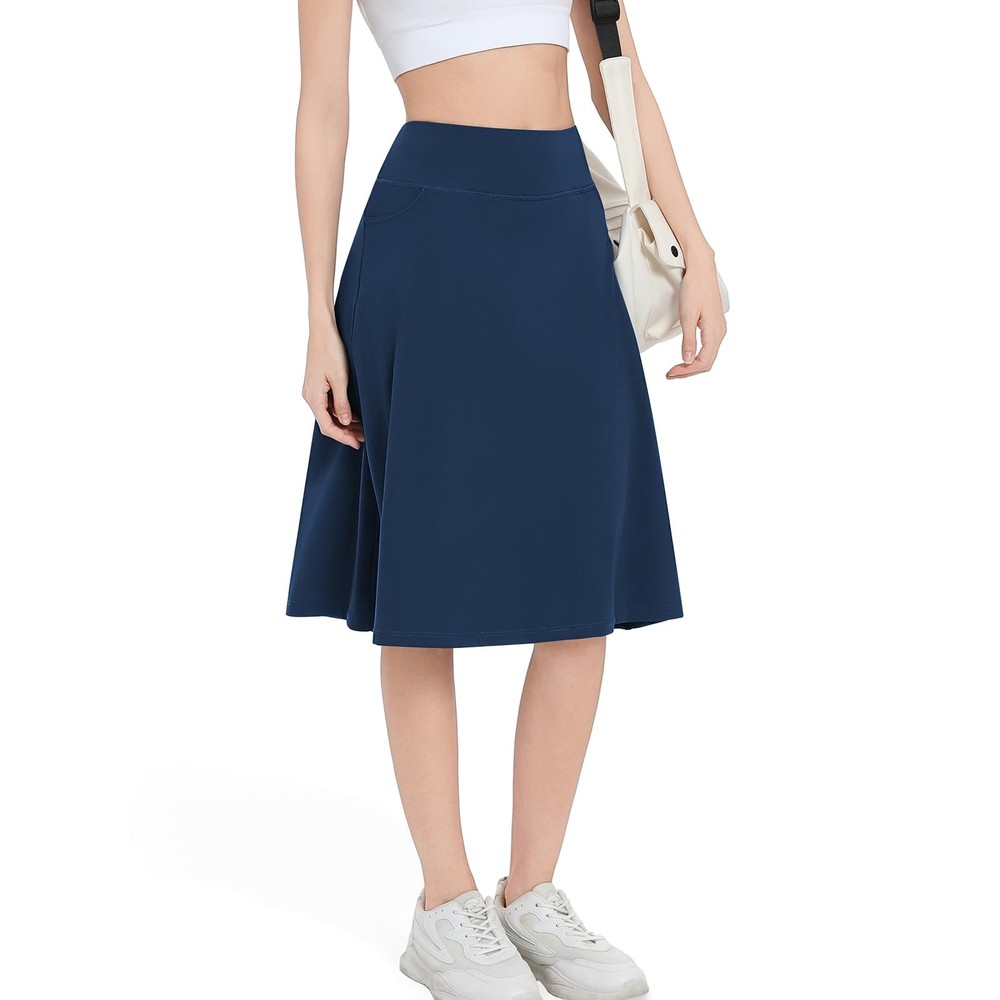 Women's Midi Knee Length Skirts with Arc-Shaped Pockets,26" Knee Long Skorts ...