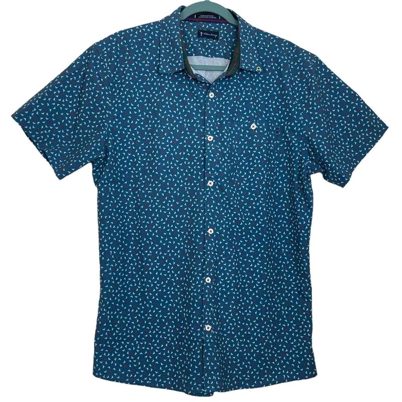 NWOT William Murray Golf Pin High Button-Down Blue Red & White Flags Size Large gallery