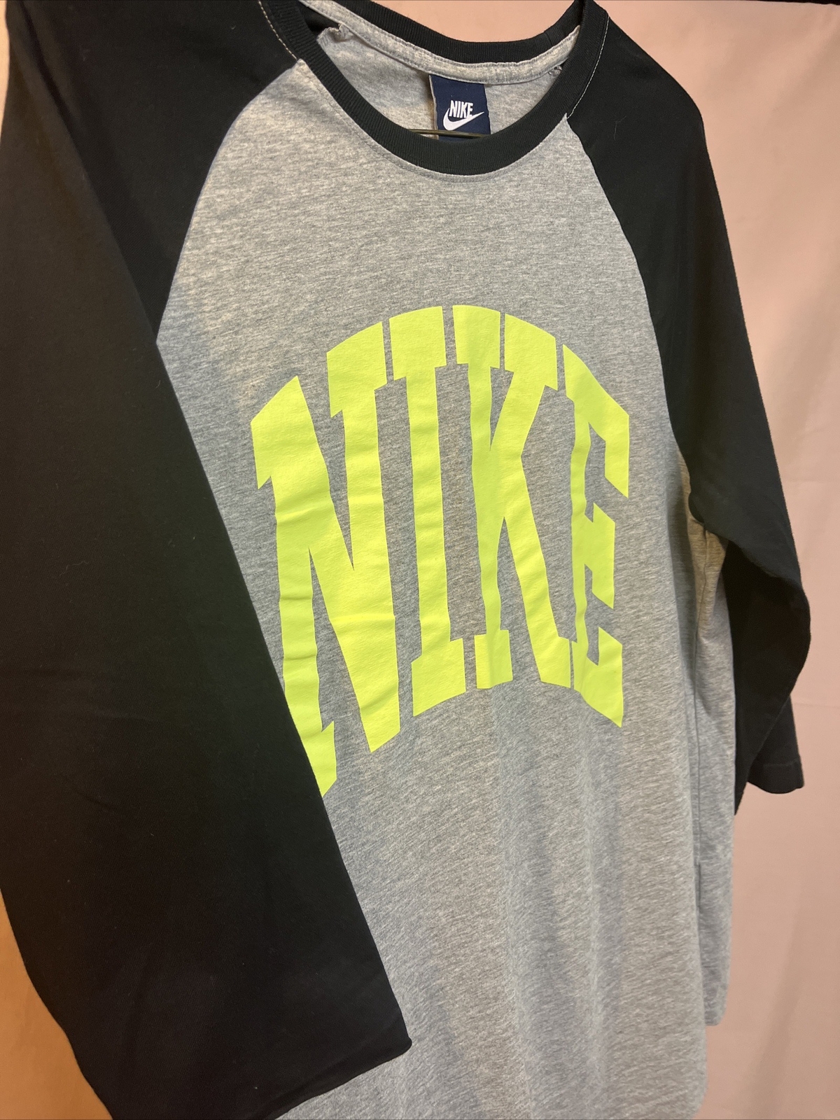 Nike 3/4 Sleeve Baseball Style Neon Yellow Spell Out Men’s Sz Med gallery