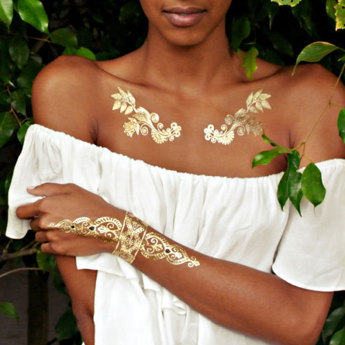 10 Sheets Flash Once Temporary Sticky Tattoo Gold 25teile Hand of Fatima Wow E8 gallery