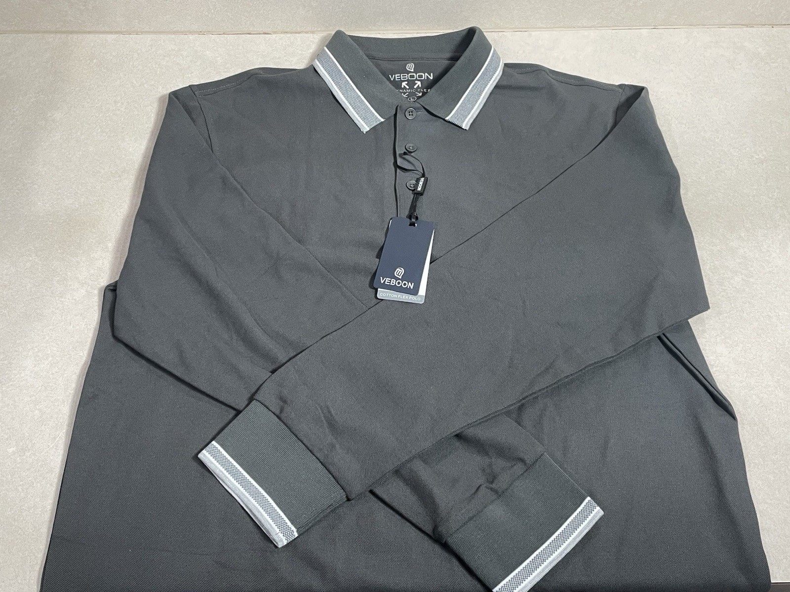 Veboon Men's Dynamic Flex Size L Dark Grey Long Sleeve Cotton Polo NWT!! gallery