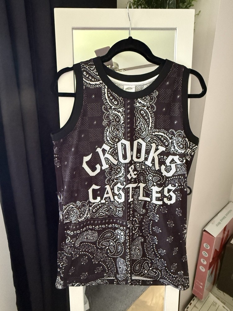 Crooks & Castles Mesh Basketball Jersey Tank Top Mens Small Black Paisley