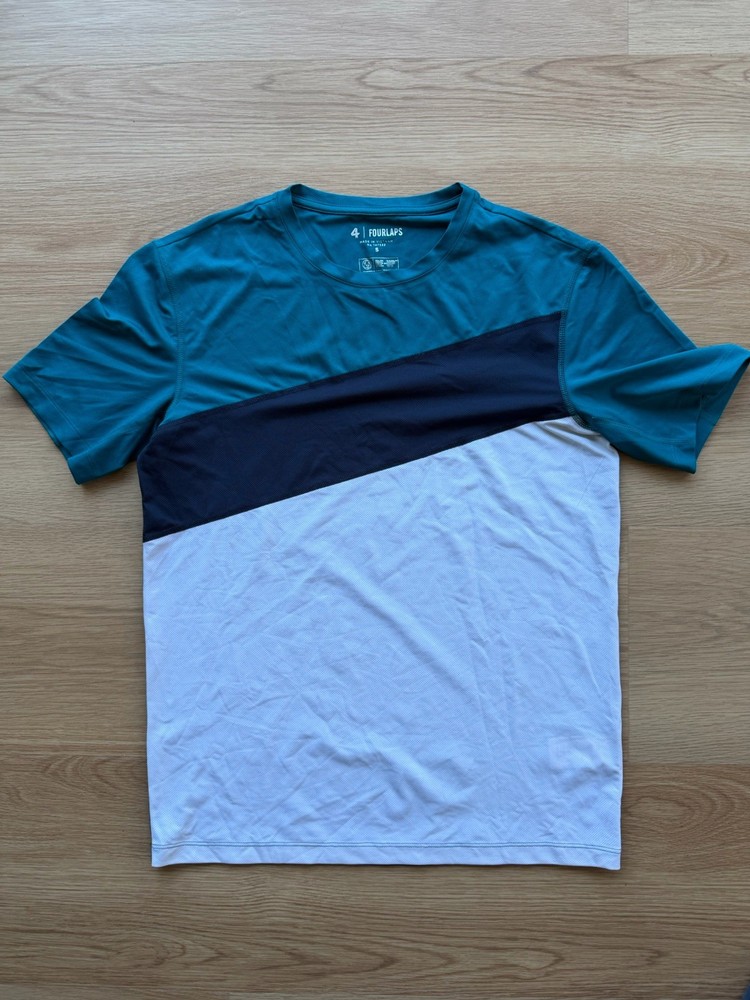 Fourlaps Smash Tee Color Block Teal Navy S turquoise stripe performance tshirt