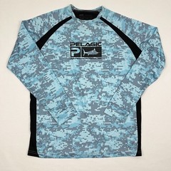 Pelagic Shirt Mens M Blue Gray Digital Camo Performance Fishing Fish Outdoor LS