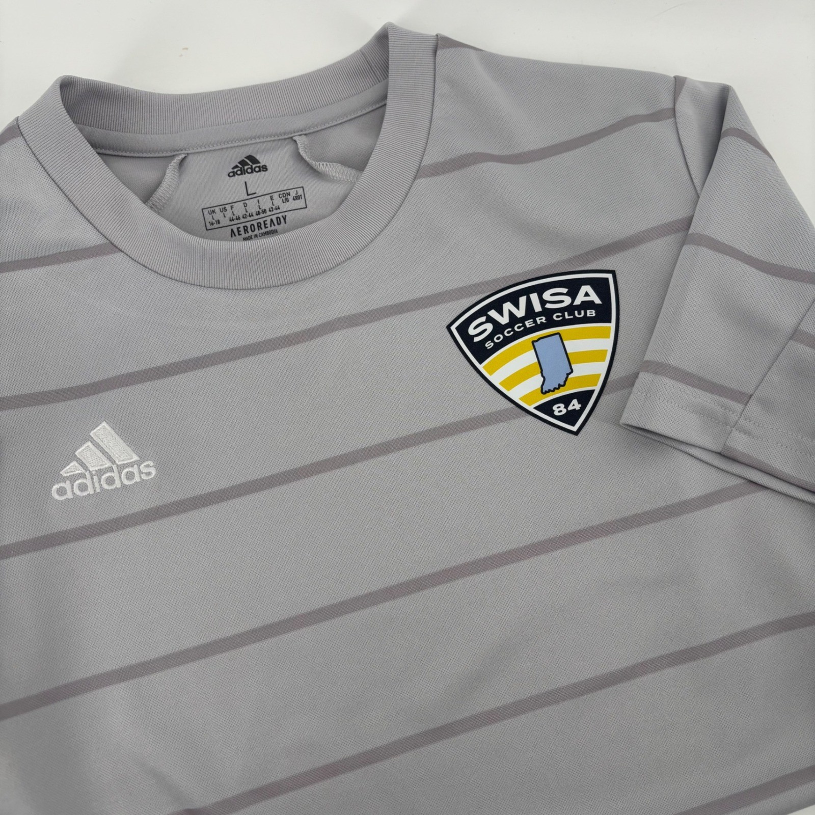 Adidas Mens Soccer Jersey Large Gray Striped SWISA Soccer Club Aeroready gallery
