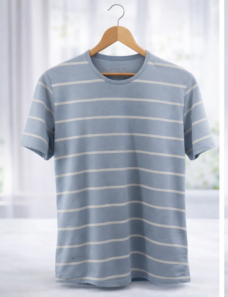 BYLT Drop Cut Short Sleeve Lux Shirt Blue Striped Curved Hem Casual Mens Large gallery