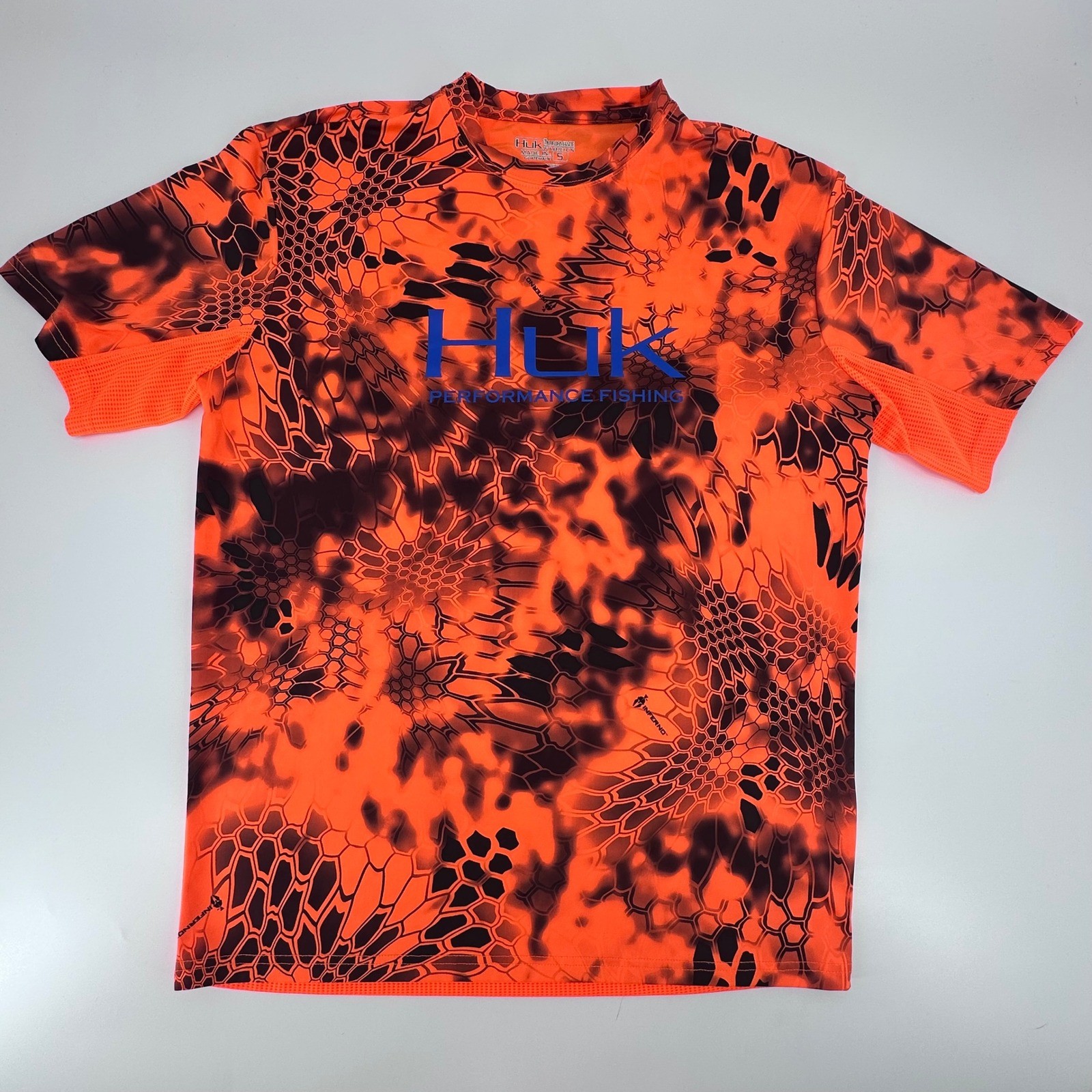 Huk Mens Performance Fishing Shirt Small Orange Kryptek Inferno Camo Mesh Back gallery