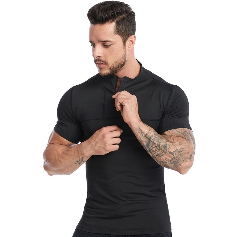 Men Quick Dry Zipper Stand Up Collar Tight Fitting Running Short Sleeved T-shirt gallery