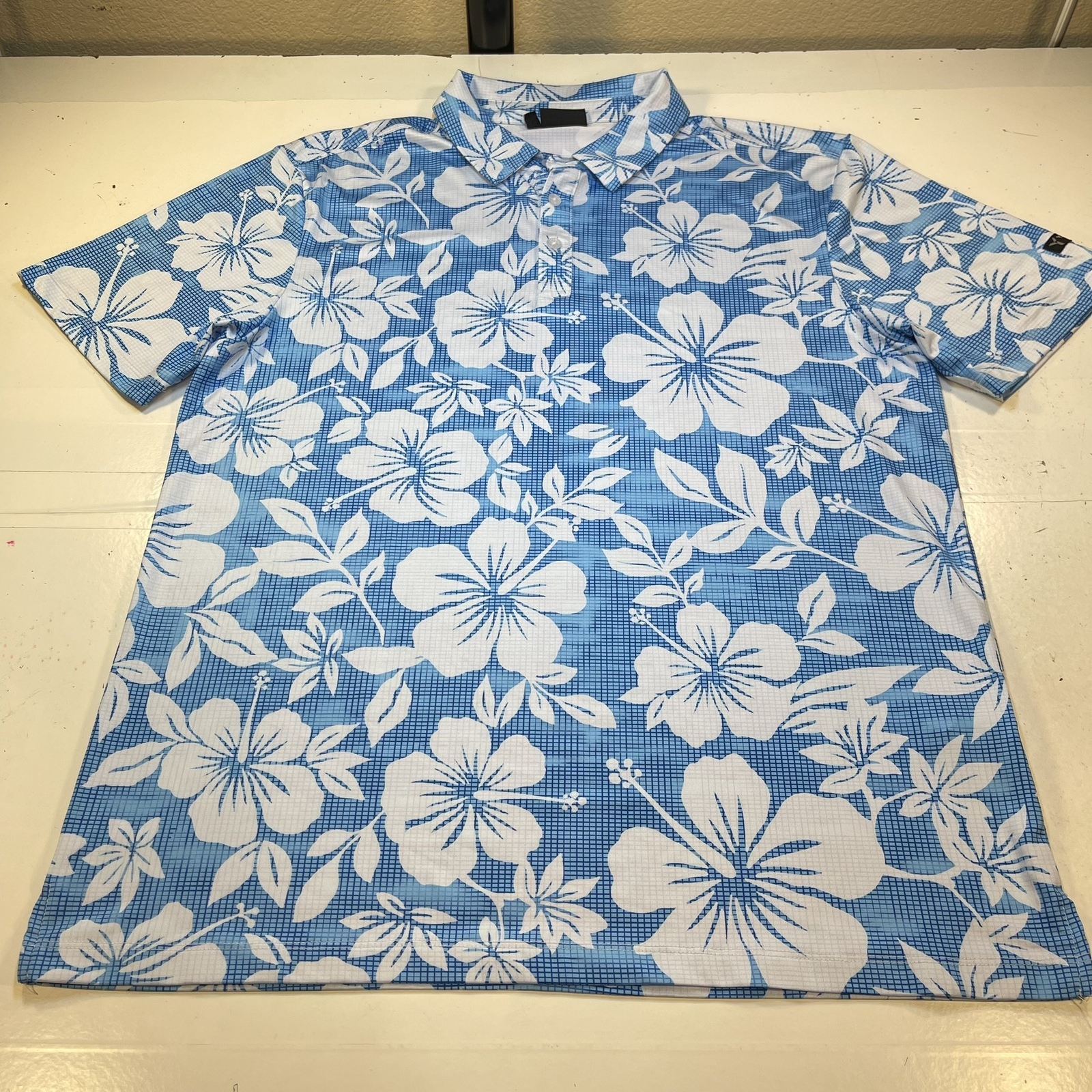 YATTA GOLF HAWAII ALOHA HAWAIIAN POLO SHIRT Mens L Blue & White Orchids gallery