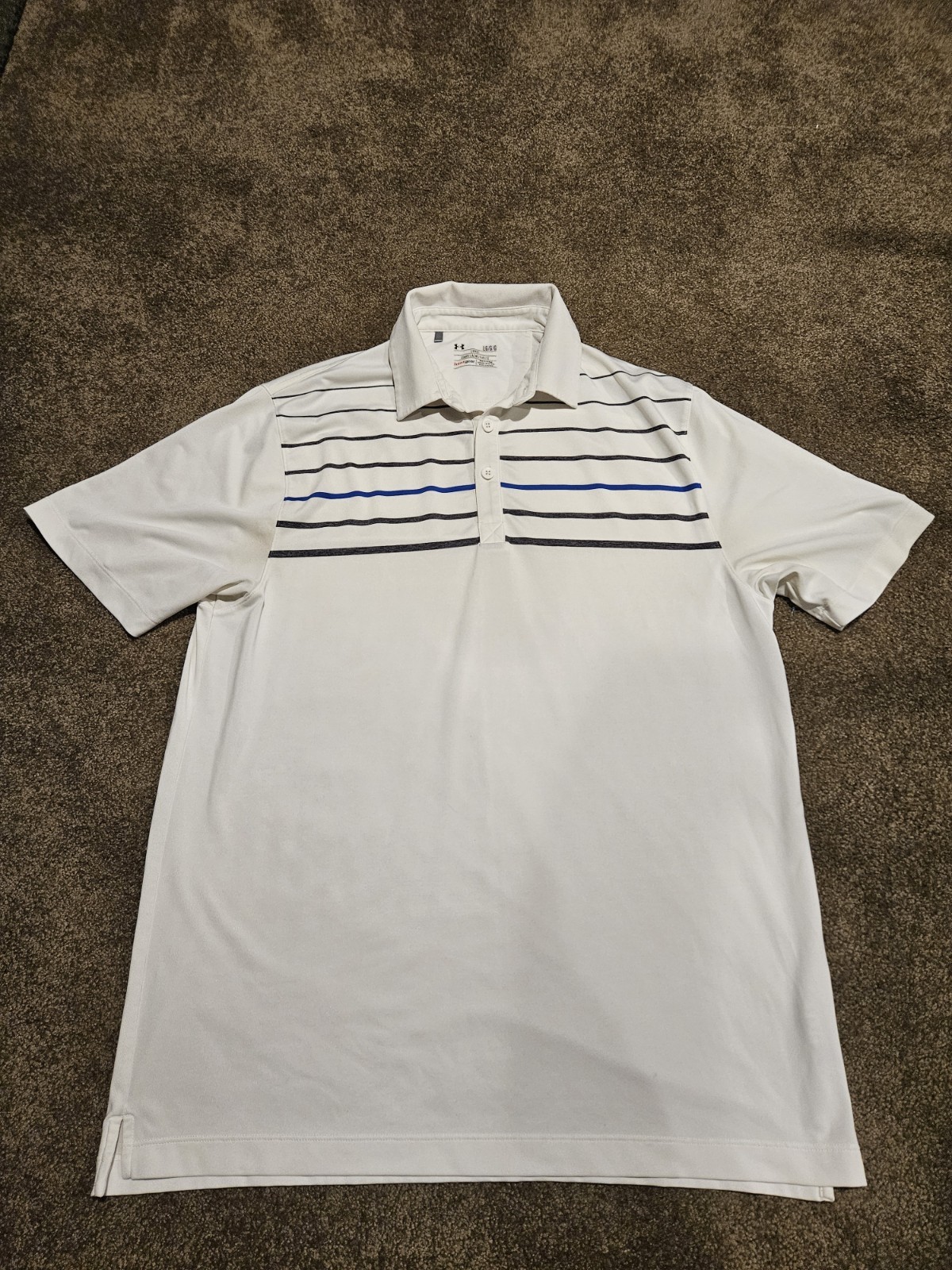 Under Armour Gray White Blue Striped Heat Gear Golf Polo Button Shirt Mens Large gallery