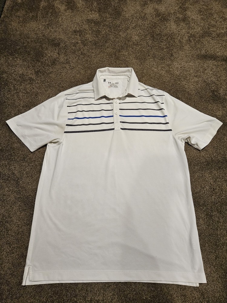 Under Armour Gray White Blue Striped Heat Gear Golf Polo Button Shirt Mens Large