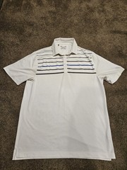 Under Armour Gray White Blue Striped Heat Gear Golf Polo Button Shirt Mens Large