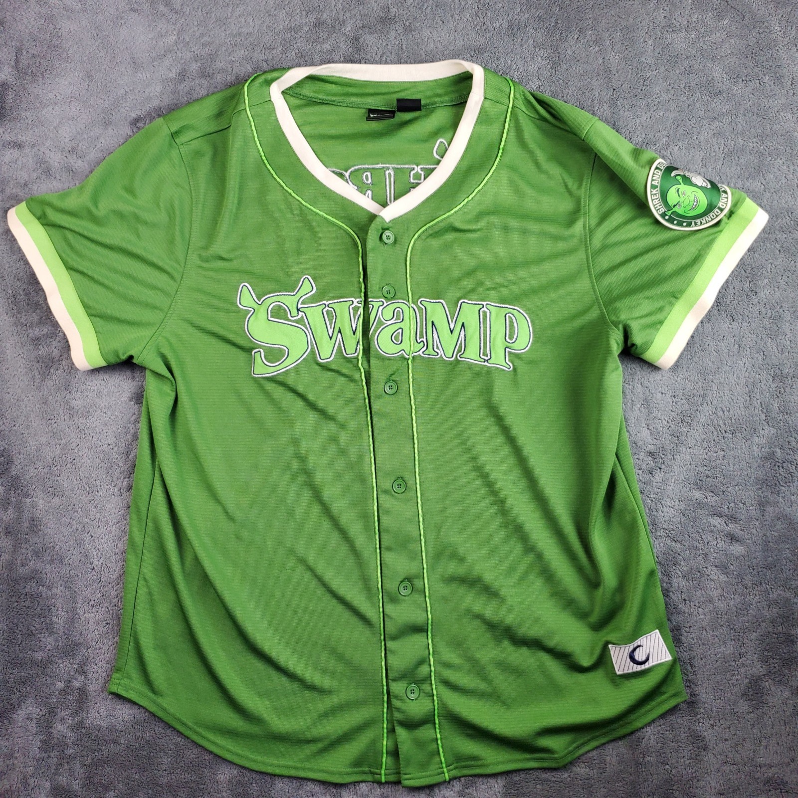 Dreamworks Shrek Jersey Mens 2XL Green Swamp #01 Baseball Button C Spot Donkey gallery