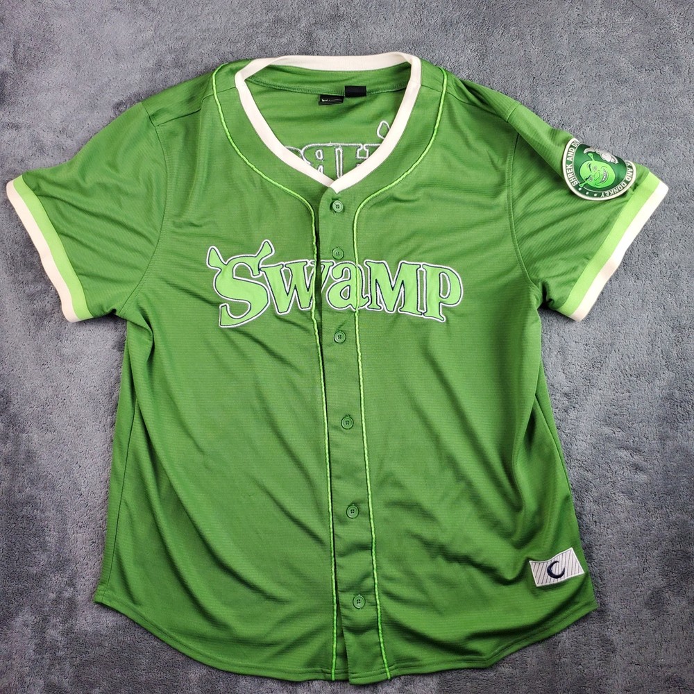 Dreamworks Shrek Jersey Mens 2XL Green Swamp #01 Baseball Button C Spot Donkey