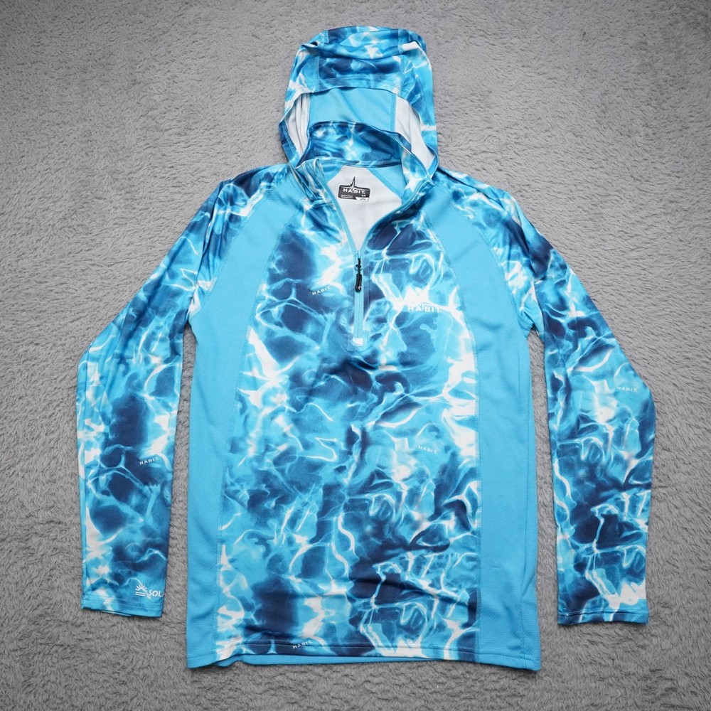 Habit Fishing Shirt Mens S Blue Graphic Water Long Sleeve Hooded Light Sunprotec